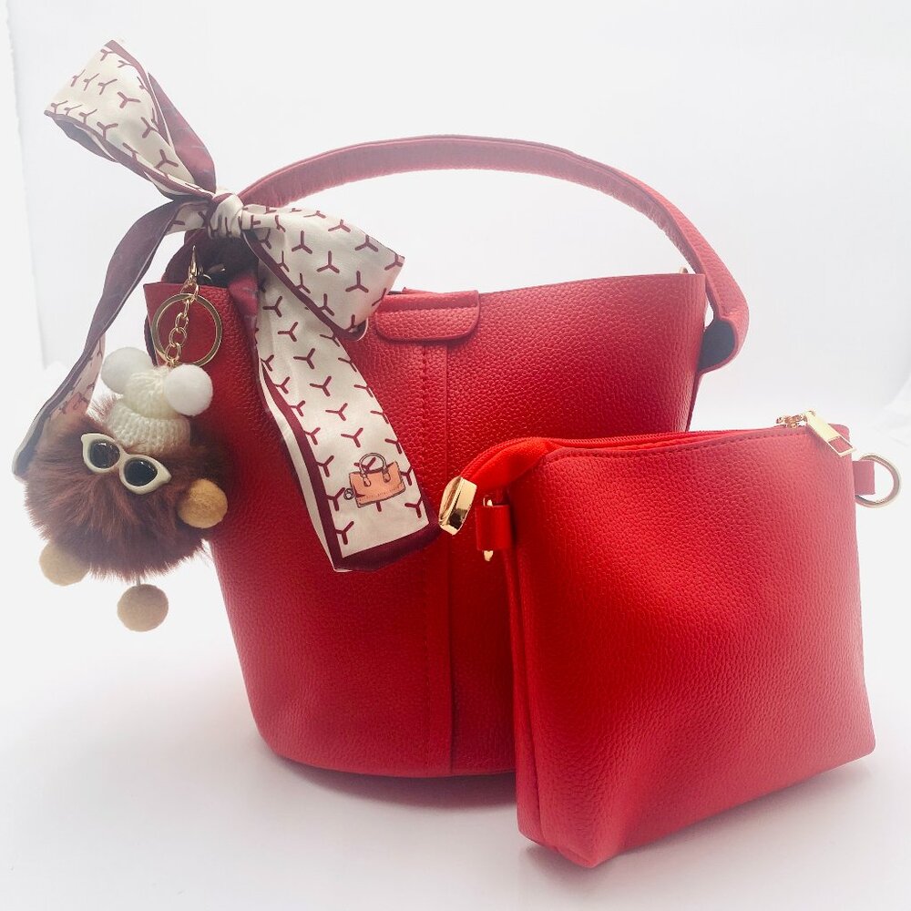 SALE:  NWT MINI RED LEATHER BUCKET BAG with Plushie and Cosmetic Bag